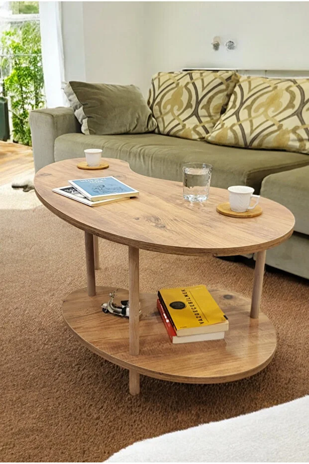 Fasülye Orta Sehpa Ahşap Ayaklı Sehpa Iki Raflı Sehpa Dekoratif Sehpa Gazetelikli - Çam